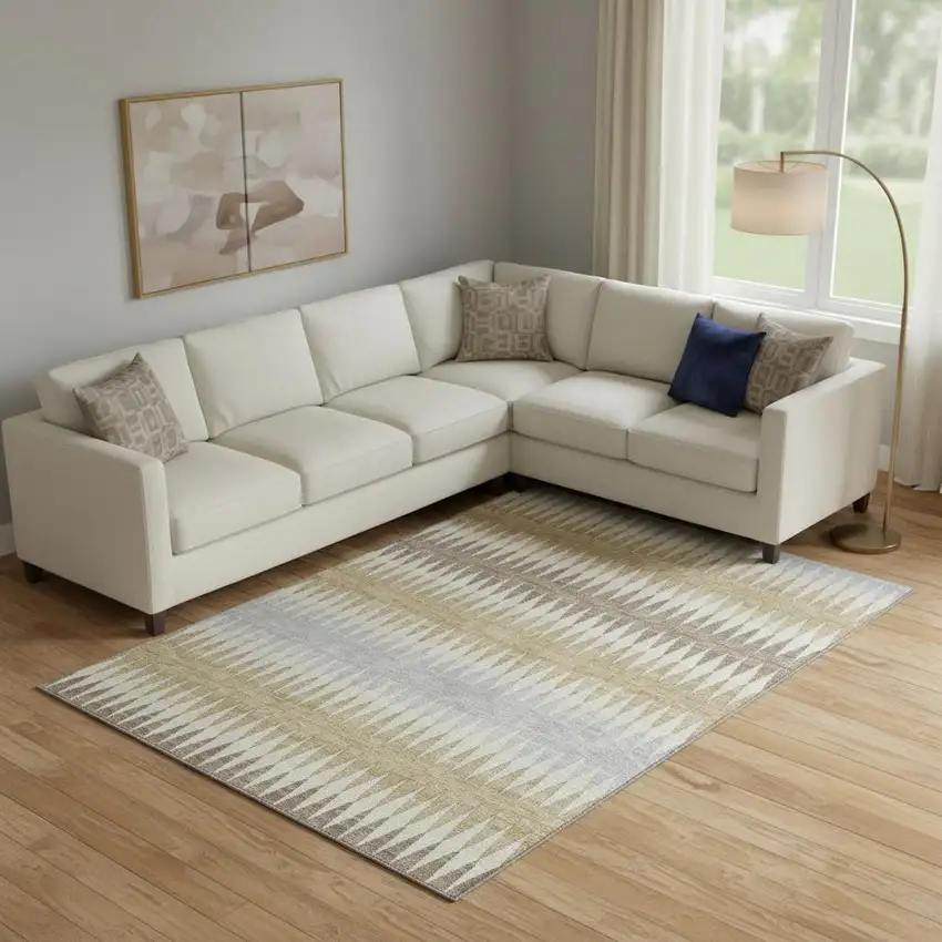 Beige Gray And Ivory Striped Washable Area Rug With UV Protection Photo 1