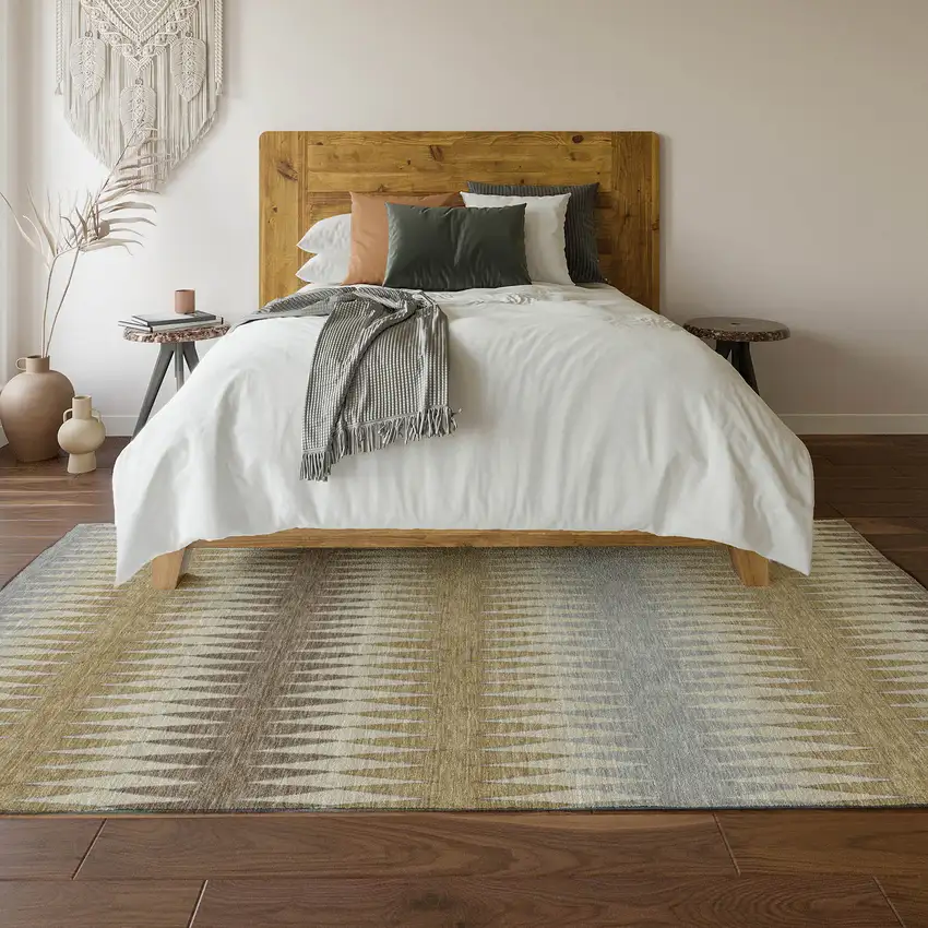 Beige Gray And Ivory Striped Washable Area Rug With UV Protection Photo 6