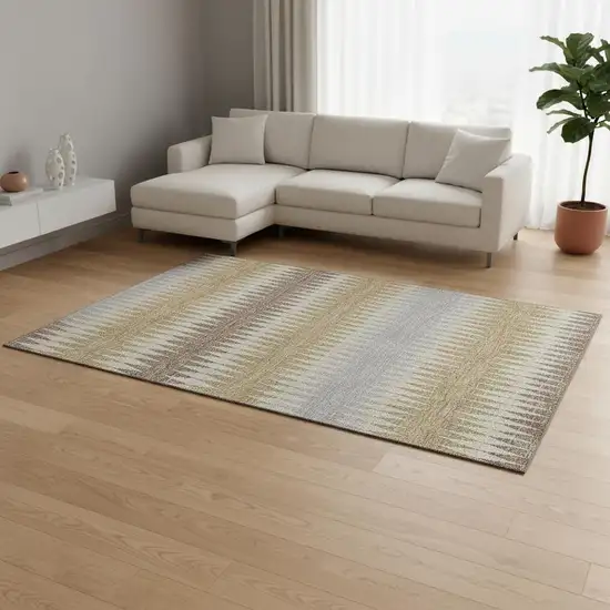 Beige Gray And Ivory Striped Washable Area Rug With UV Protection Photo 2