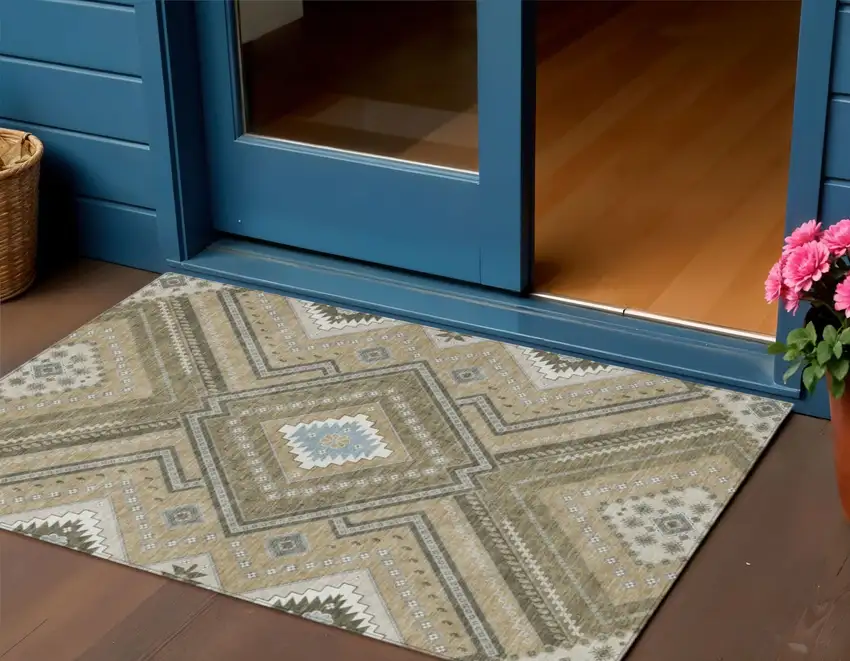 Beige Gray And Ivory Tribal Washable Indoor Outdoor Area Rug Photo 1