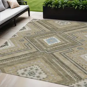 Photo of Beige Gray And Ivory Tribal Washable Indoor Outdoor Area Rug