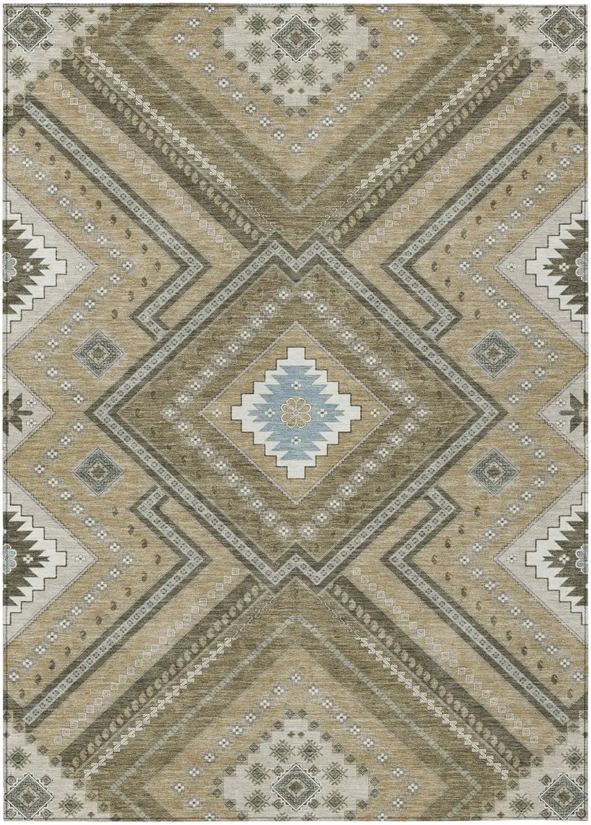 Beige Gray And Ivory Tribal Washable Indoor Outdoor Area Rug Photo 2