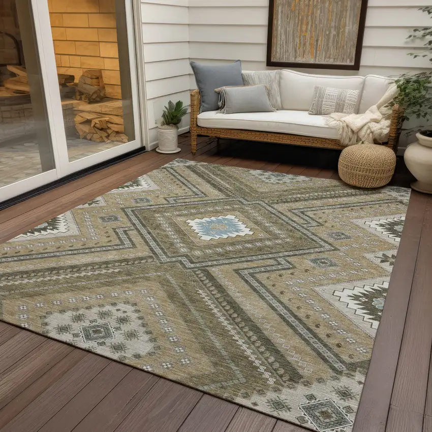 Beige Gray And Ivory Tribal Washable Indoor Outdoor Area Rug Photo 8