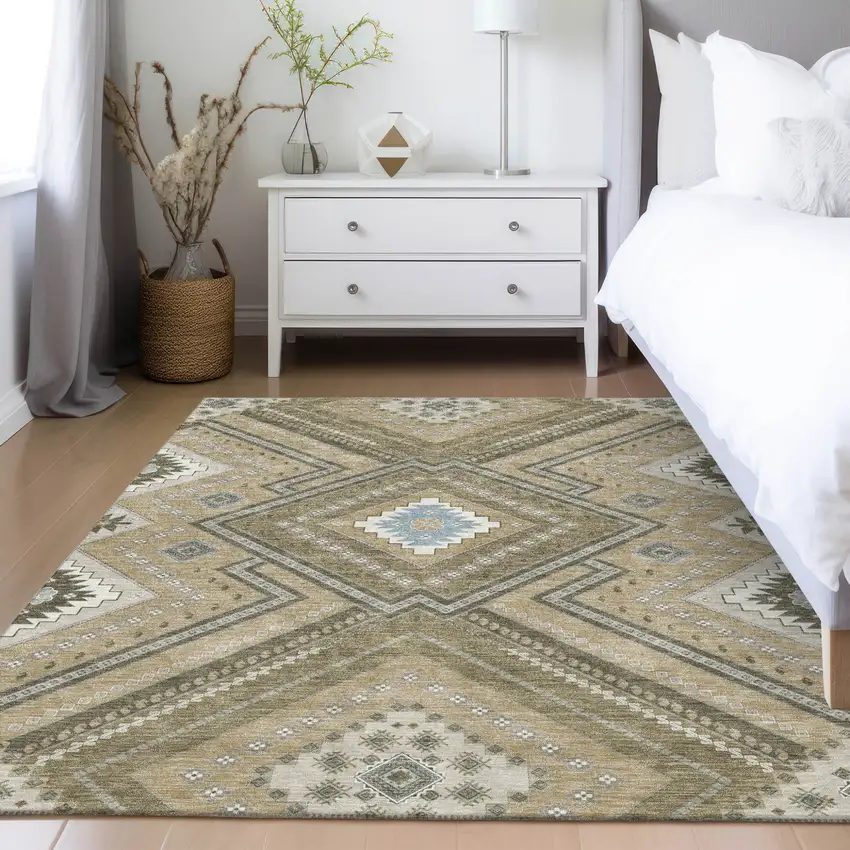 Beige Gray And Ivory Tribal Washable Indoor Outdoor Area Rug Photo 9