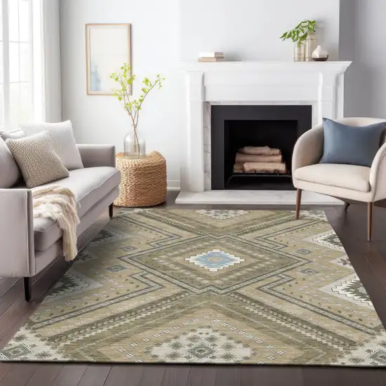 Beige Gray And Ivory Tribal Washable Indoor Outdoor Area Rug Photo 9