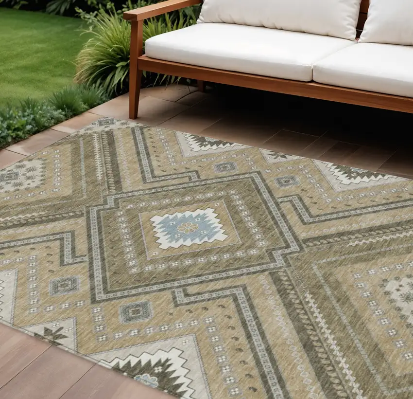 Beige Gray And Ivory Tribal Washable Indoor Outdoor Area Rug Photo 1