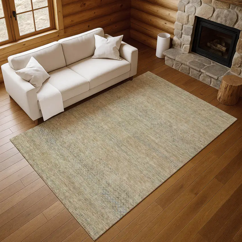 Beige Gray And Khaki Striped Washable Area Rug With UV Protection Photo 1