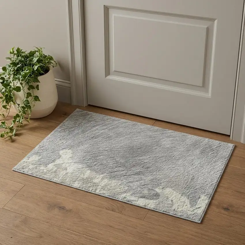 Beige Gray And Silver Abstract Washable Area Rug With UV Protection Photo 1