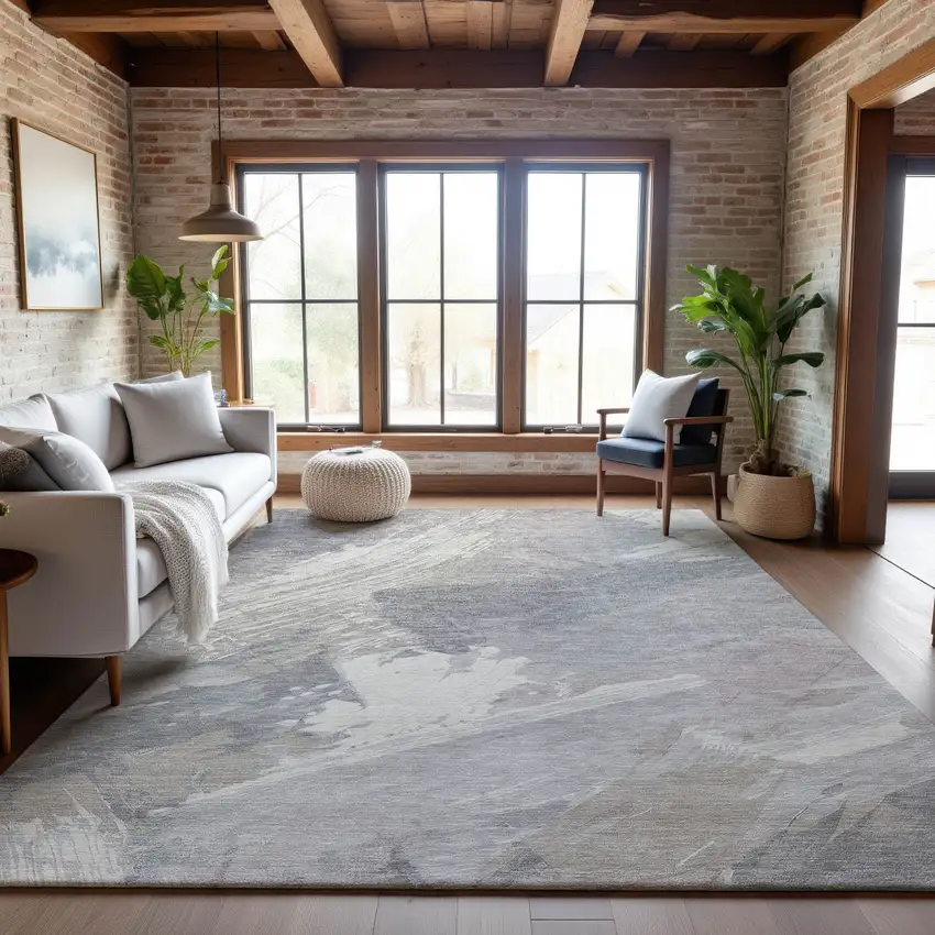 Beige Gray And Silver Abstract Washable Area Rug With UV Protection Photo 3