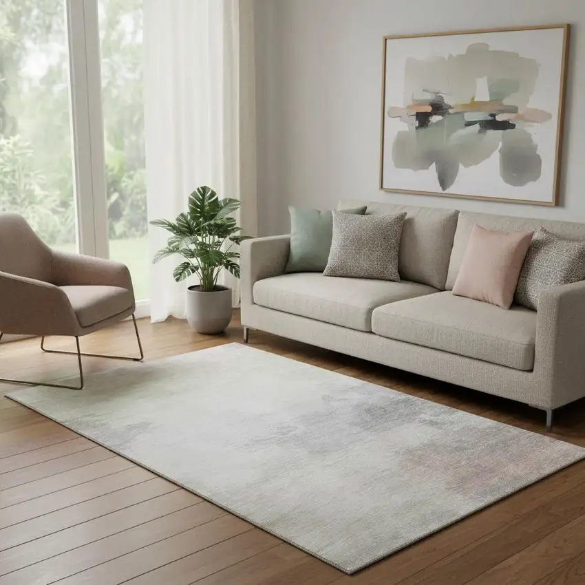 Beige Gray And Silver Abstract Washable Area Rug With UV Protection Photo 2