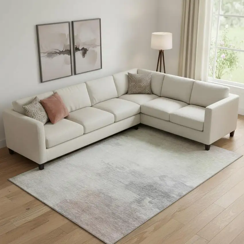 Beige Gray And Silver Abstract Washable Area Rug With UV Protection Photo 2