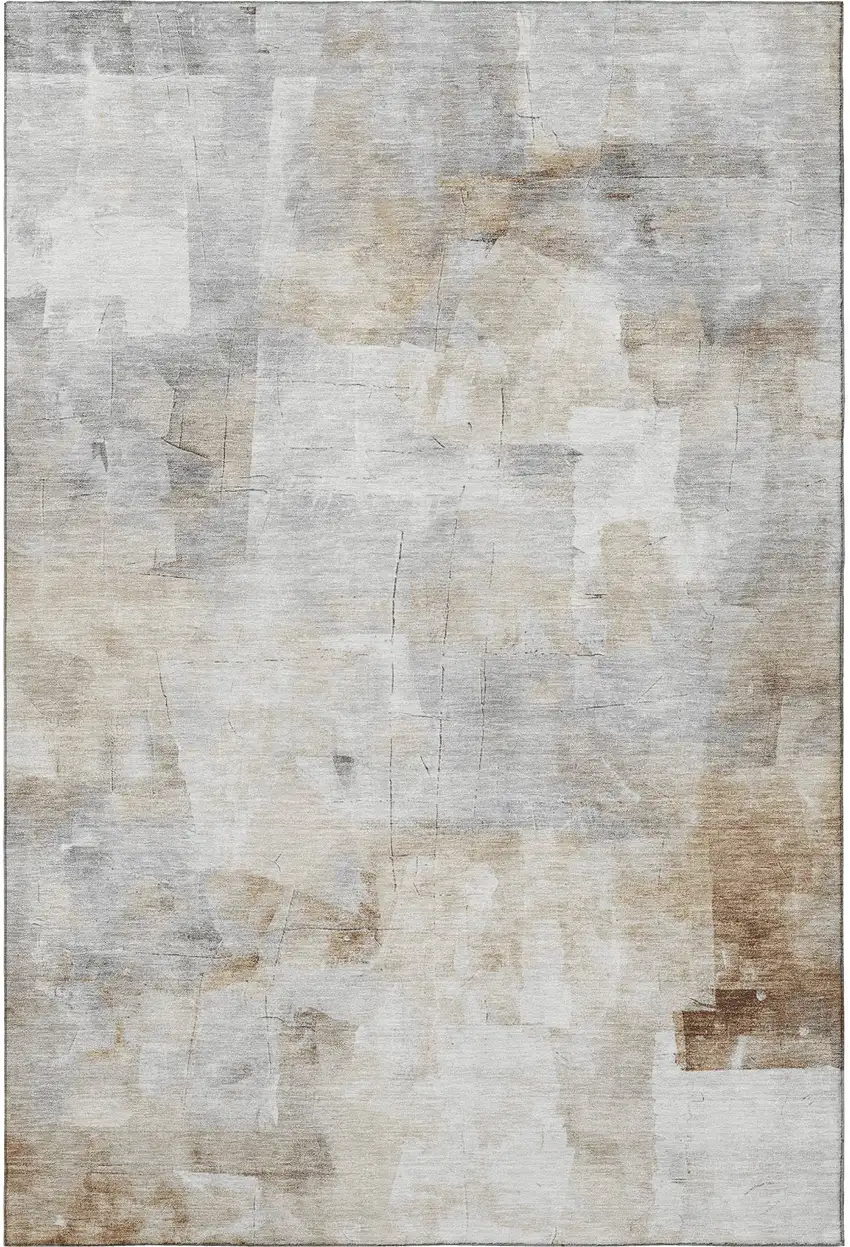 Beige Gray And Silver Abstract Washable Area Rug With UV Protection Photo 3