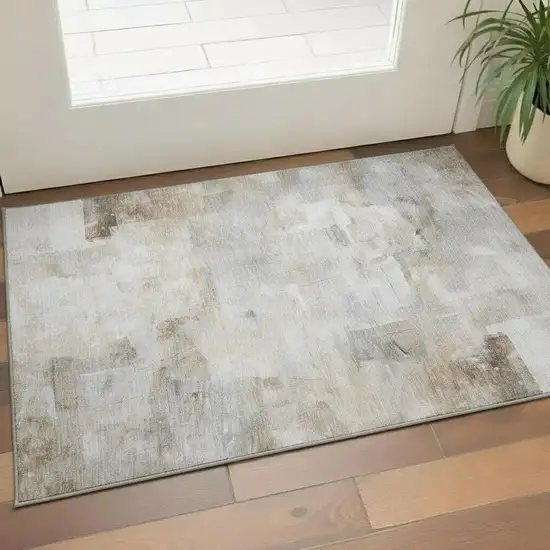 Beige Gray And Silver Abstract Washable Area Rug With UV Protection Photo 2