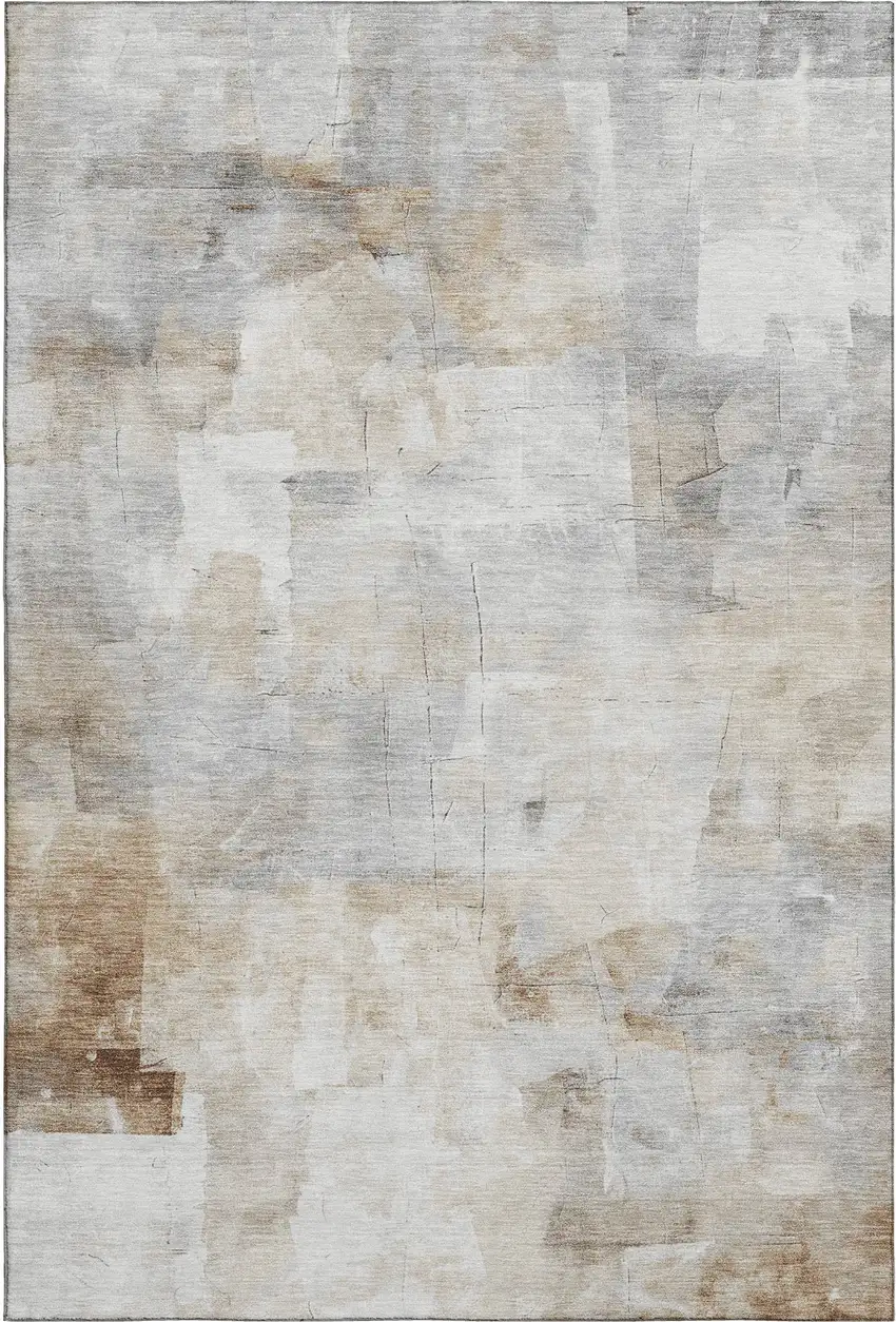 Beige Gray And Silver Abstract Washable Area Rug With UV Protection Photo 1