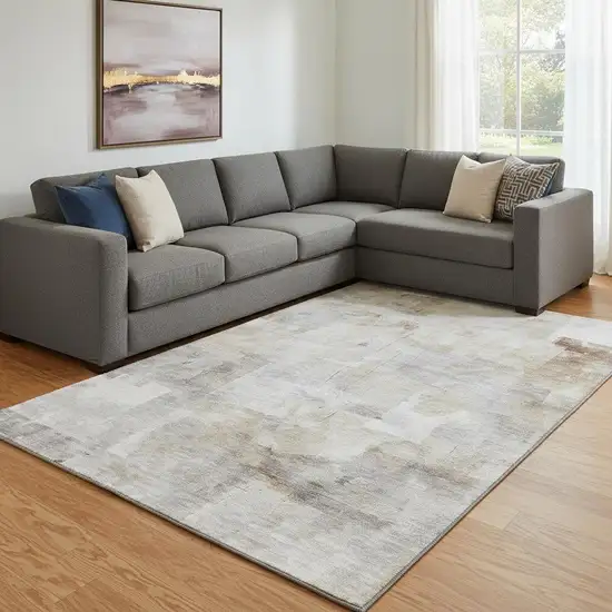 Beige Gray And Silver Abstract Washable Area Rug With UV Protection Photo 2