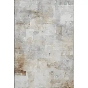 Photo of Beige Gray And Silver Abstract Washable Area Rug With UV Protection