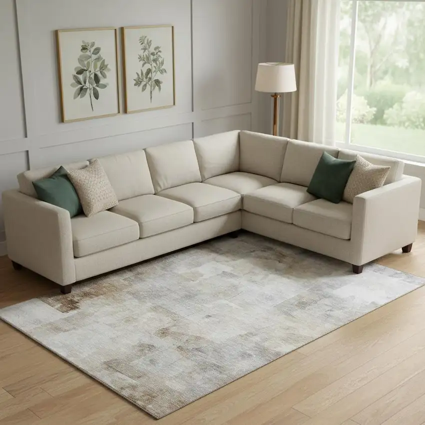 Beige Gray And Silver Abstract Washable Area Rug With UV Protection Photo 2