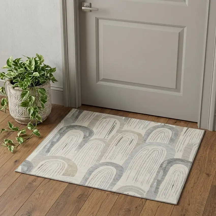 Beige Gray And Silver Geometric Washable Area Rug With UV Protection Photo 1