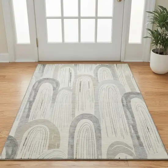 Beige Gray And Silver Geometric Washable Area Rug With UV Protection Photo 2