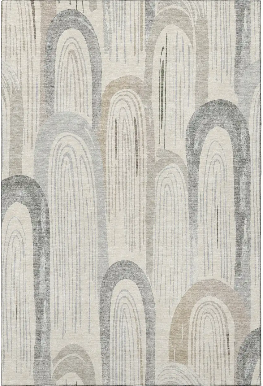 Beige Gray And Silver Geometric Washable Area Rug With UV Protection Photo 3