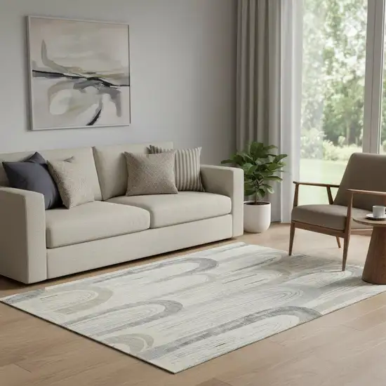 Beige Gray And Silver Geometric Washable Area Rug With UV Protection Photo 2