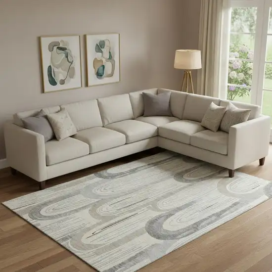 Beige Gray And Silver Geometric Washable Area Rug With UV Protection Photo 2