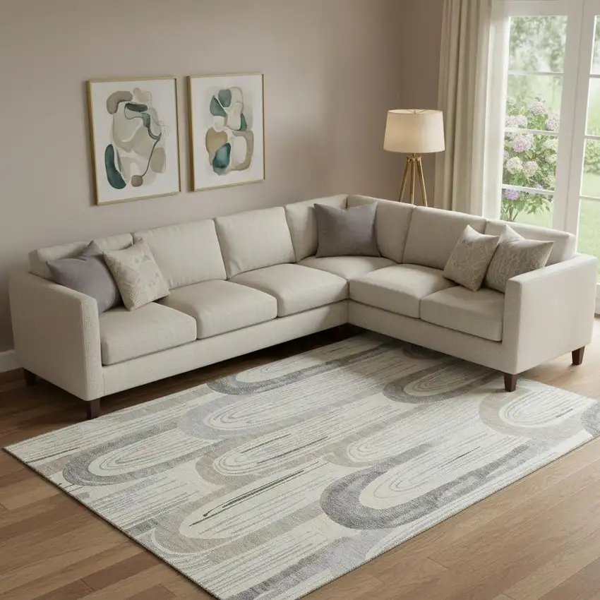 Beige Gray And Silver Geometric Washable Area Rug With UV Protection Photo 2