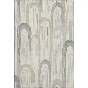 Photo of Beige Gray And Silver Geometric Washable Area Rug With UV Protection