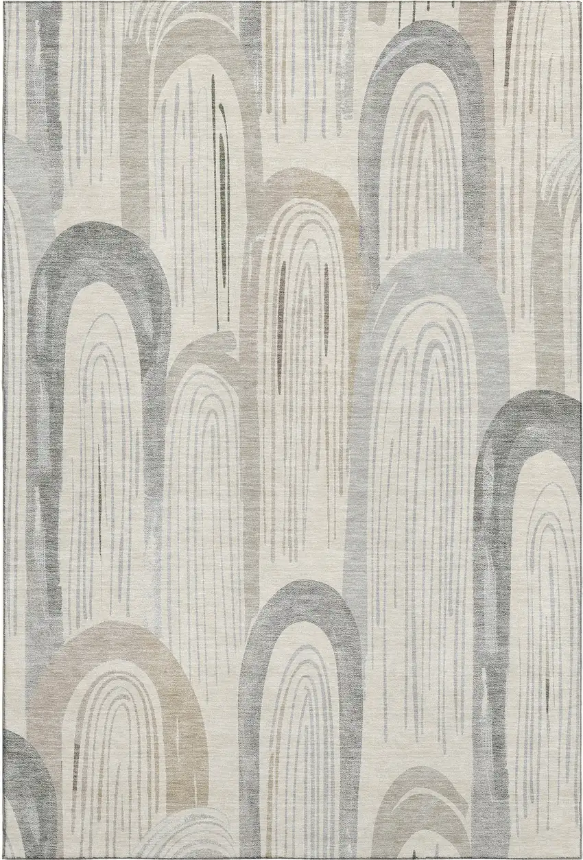 Beige Gray And Silver Geometric Washable Area Rug With UV Protection Photo 1