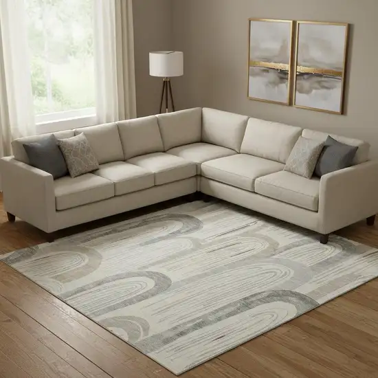 Beige Gray And Silver Geometric Washable Area Rug With UV Protection Photo 2