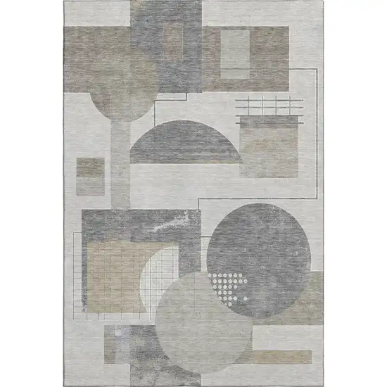 Beige Gray And Silver Geometric Washable Area Rug With UV Protection Photo 1