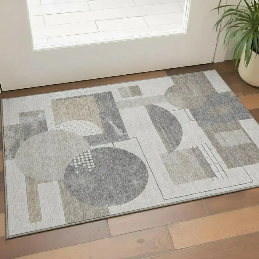 Beige Gray And Silver Geometric Washable Area Rug With UV Protection Photo 2
