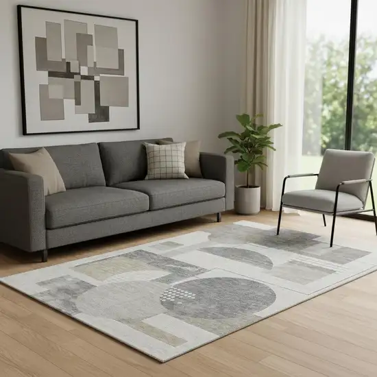 Beige Gray And Silver Geometric Washable Area Rug With UV Protection Photo 2