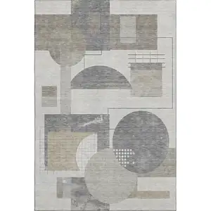 Photo of Beige Gray And Silver Geometric Washable Area Rug With UV Protection