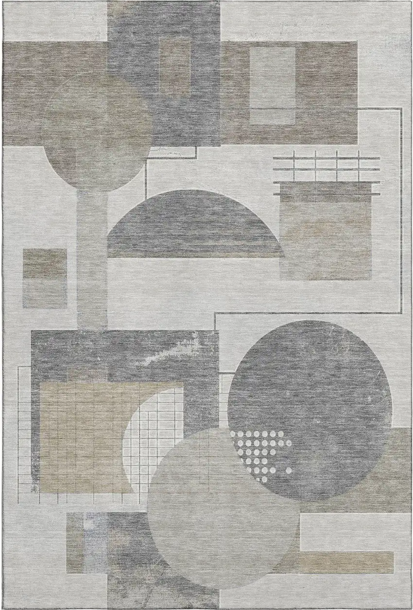 Beige Gray And Silver Geometric Washable Area Rug With UV Protection Photo 1