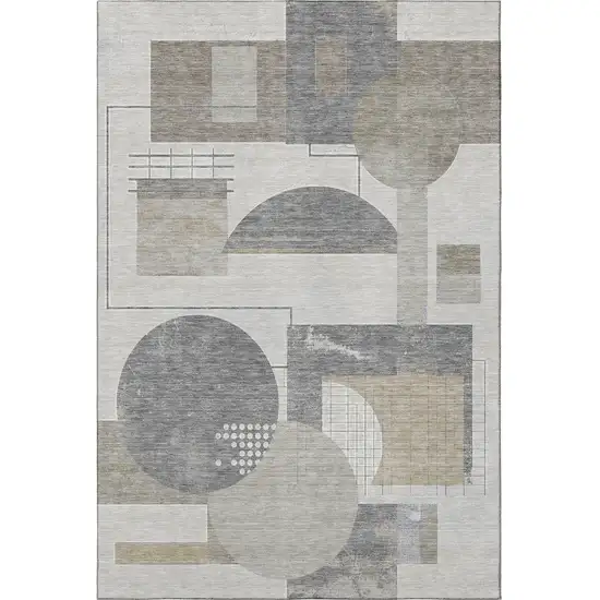 Beige Gray And Silver Geometric Washable Area Rug With UV Protection Photo 3