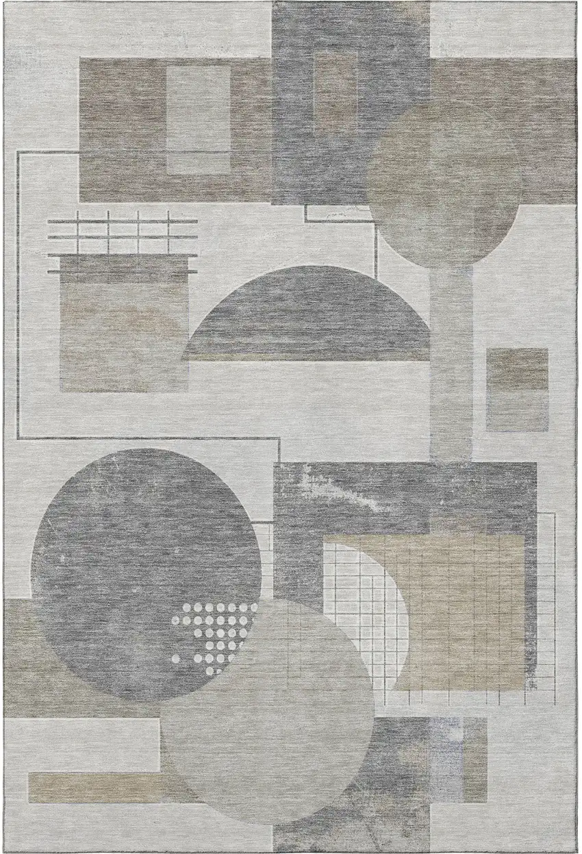 Beige Gray And Silver Geometric Washable Area Rug With UV Protection Photo 3