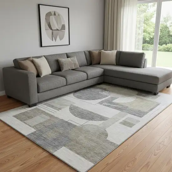 Beige Gray And Silver Geometric Washable Area Rug With UV Protection Photo 2