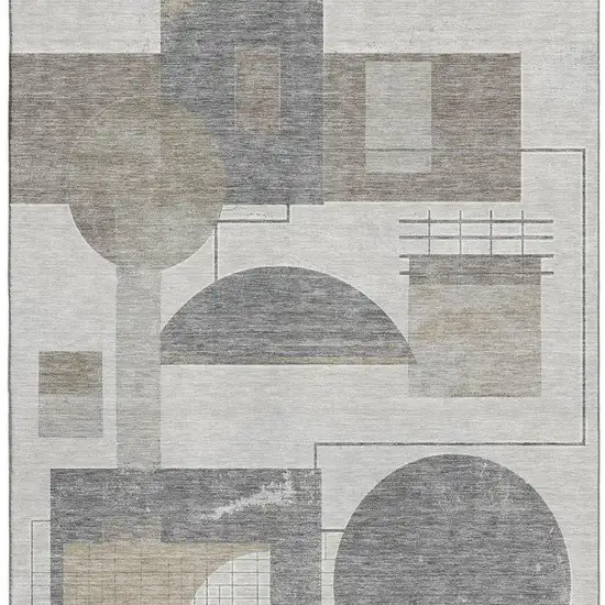 Beige Gray And Silver Geometric Washable Area Rug With UV Protection Photo 3