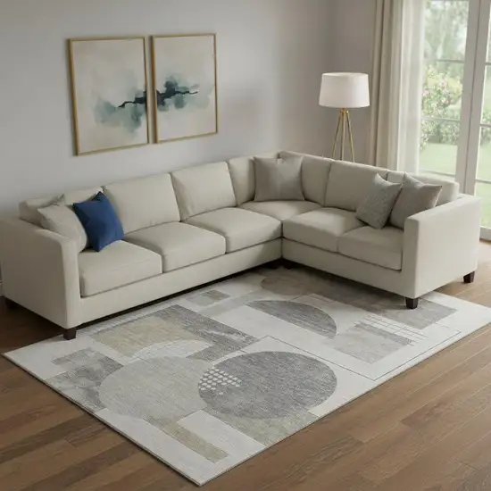 Beige Gray And Silver Geometric Washable Area Rug With UV Protection Photo 2