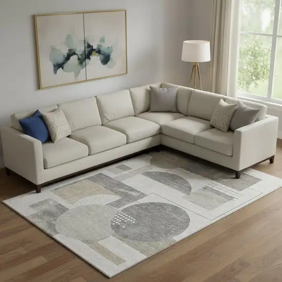 Beige Gray And Silver Geometric Washable Area Rug With UV Protection Photo 2