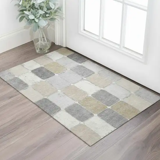 Beige Gray And Silver Geometric Washable Area Rug With UV Protection Photo 2