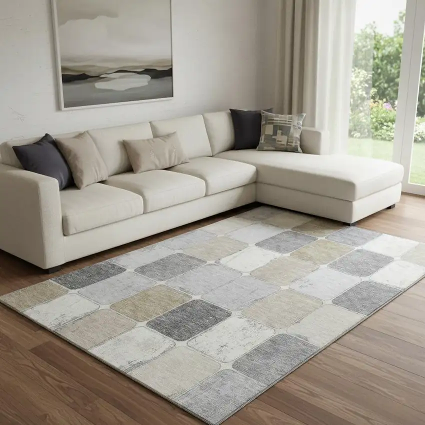 Beige Gray And Silver Geometric Washable Area Rug With UV Protection Photo 2