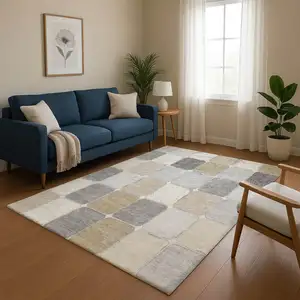 Photo of Beige Gray And Silver Geometric Washable Area Rug With UV Protection
