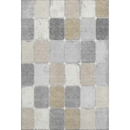 Beige Gray And Silver Geometric Washable Area Rug With UV Protection Photo 1