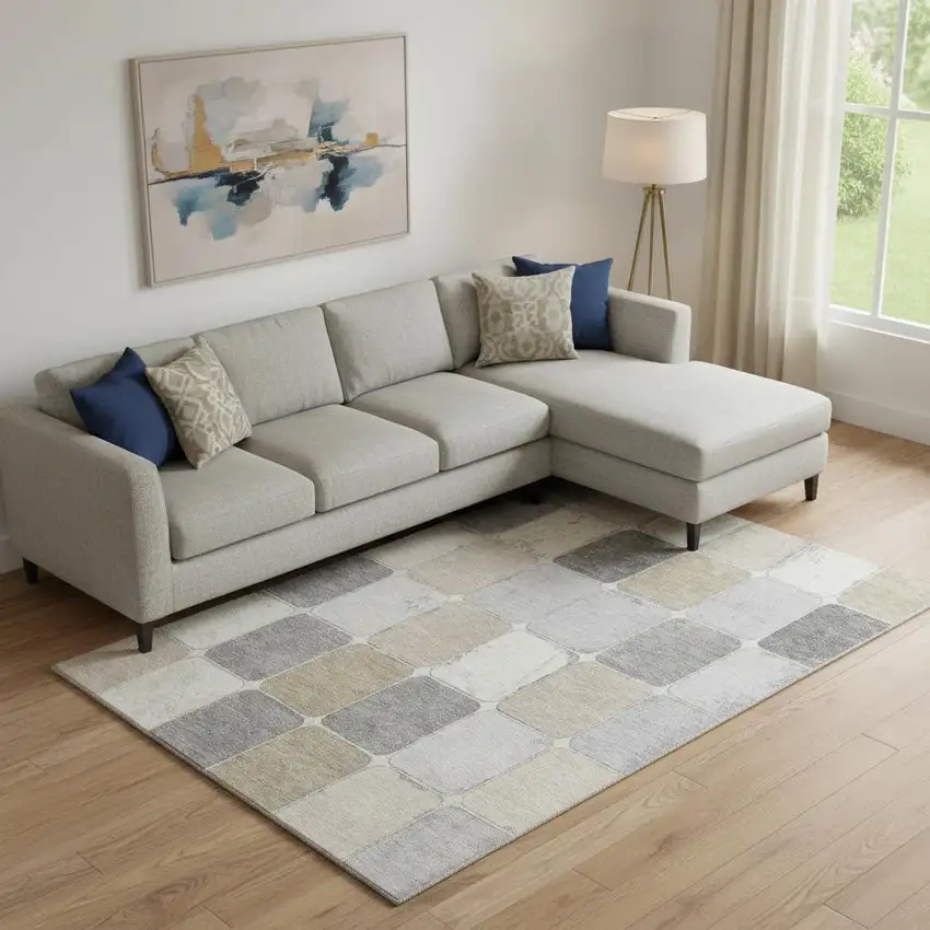 Beige Gray And Silver Geometric Washable Area Rug With UV Protection Photo 2