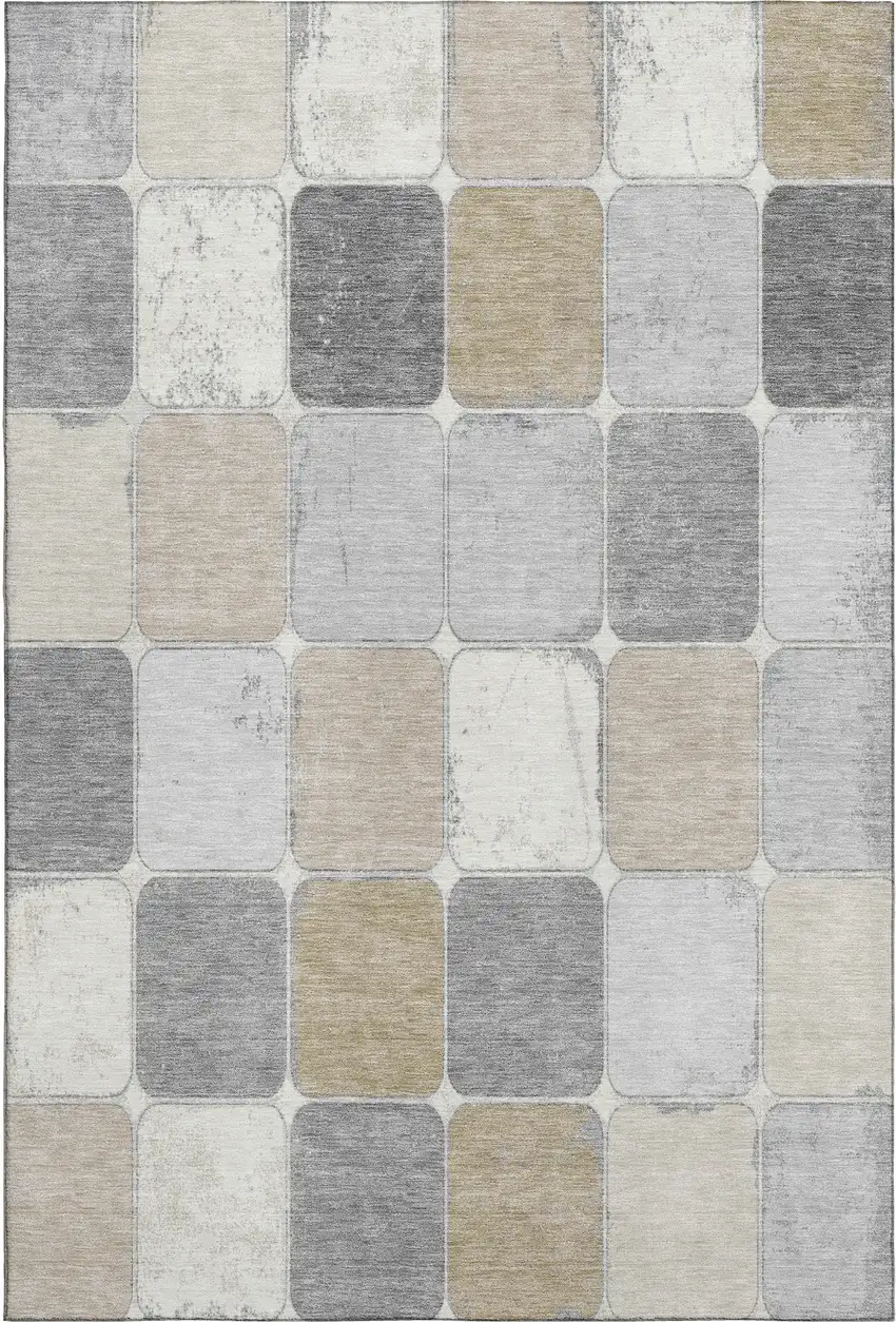 Beige Gray And Silver Geometric Washable Area Rug With UV Protection Photo 1