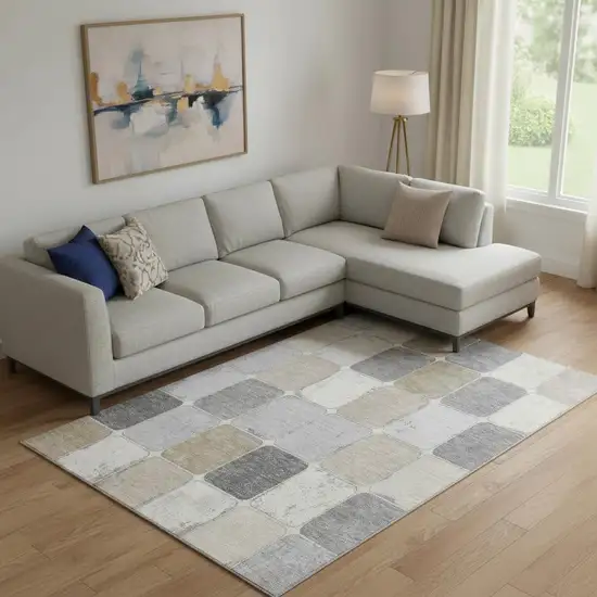 Beige Gray And Silver Geometric Washable Area Rug With UV Protection Photo 2