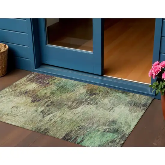 Beige Green And Artichoke Green Abstract Washable Indoor Outdoor Area Rug Photo 1