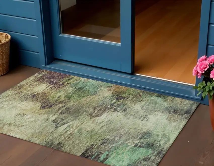 Beige Green And Artichoke Green Abstract Washable Indoor Outdoor Area Rug Photo 1